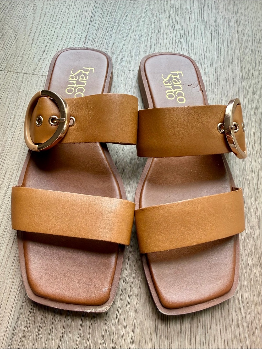 Franco Sarto Cognac Leather Slide Sandals with Gold Buckle - Picture 1 of 7